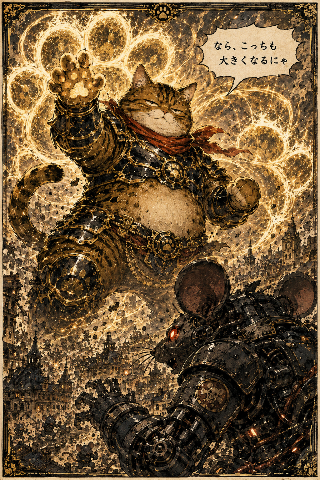 漫画の巨大化したキジまるとネズミアーマ